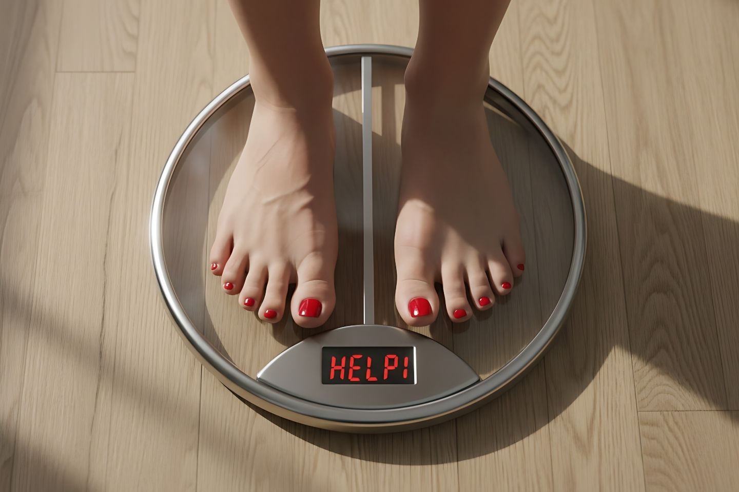 Slika ženskih stopala na digitalnoj vagi s natpisom 'help' (pomoć).