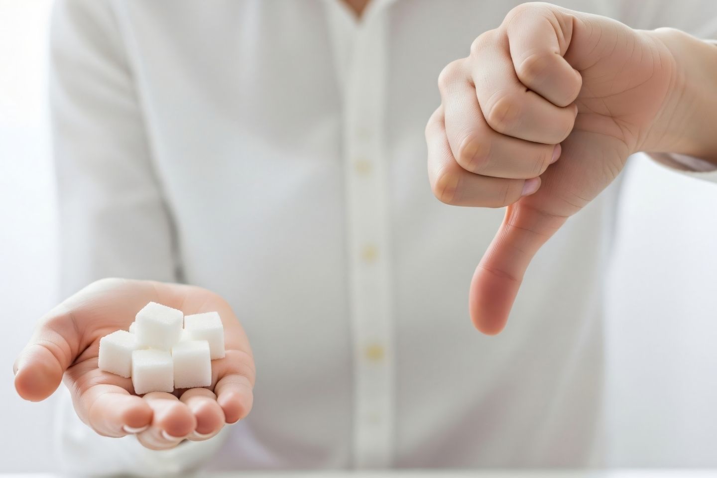 Žena pokazuje palac dolje dok drži kockice šećera u drugoj ruci.