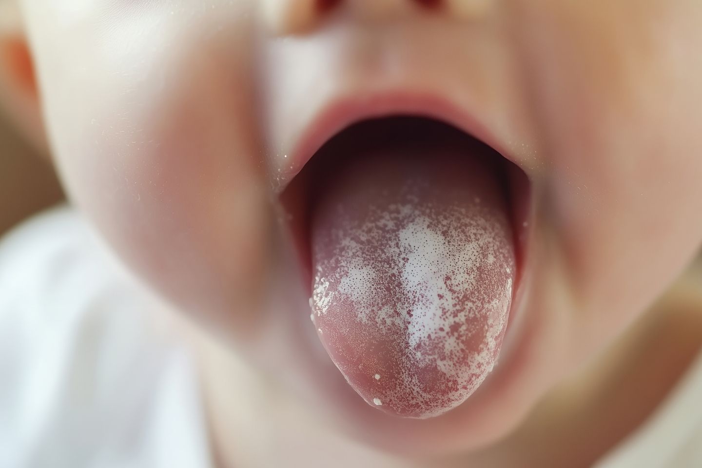 Krupni plan bebinog jezika s oralnom kandidijazom.