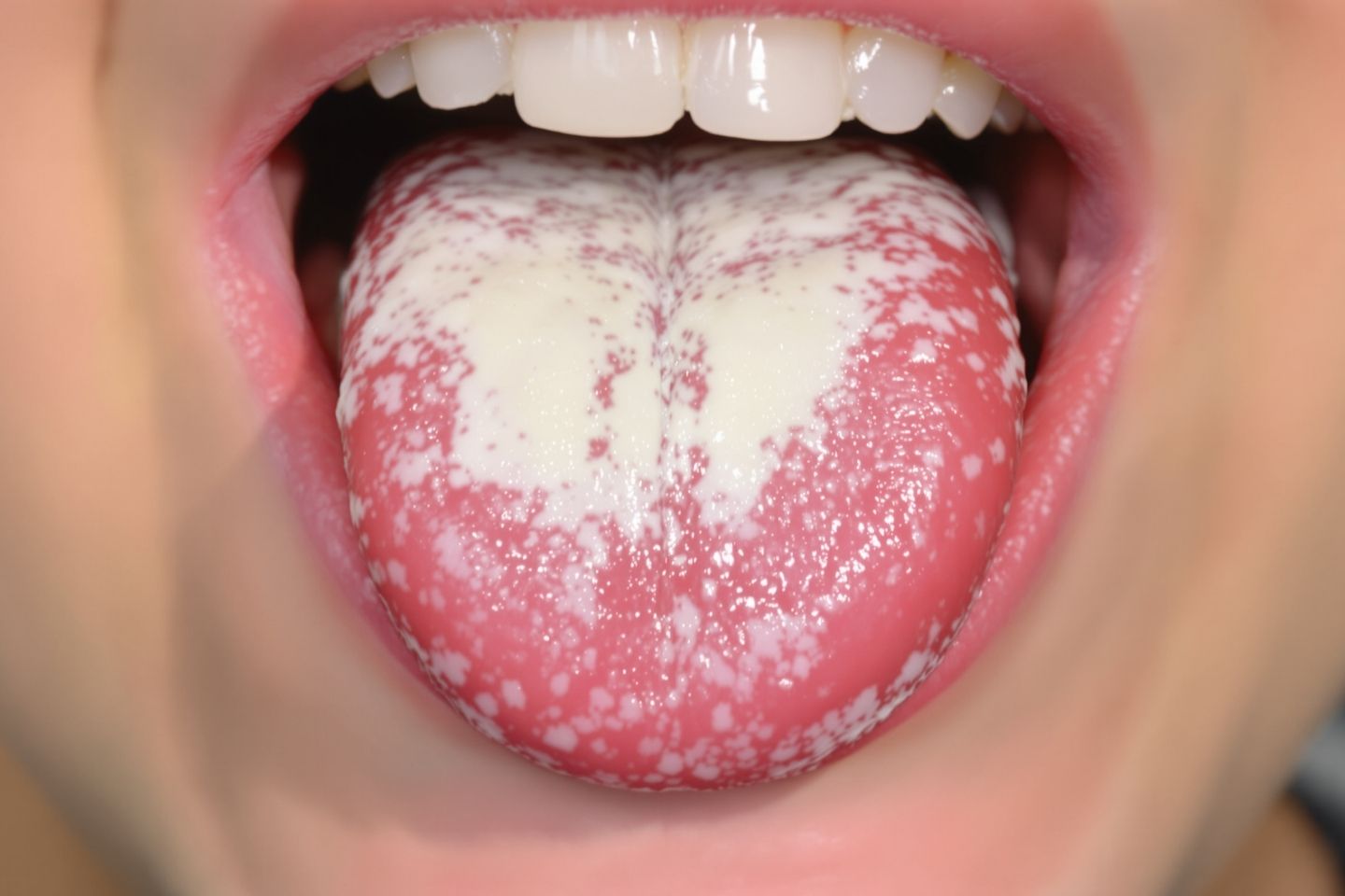 Slika bijelih sirastih naslaga na jeziku kod kandidijaze u ustima.
