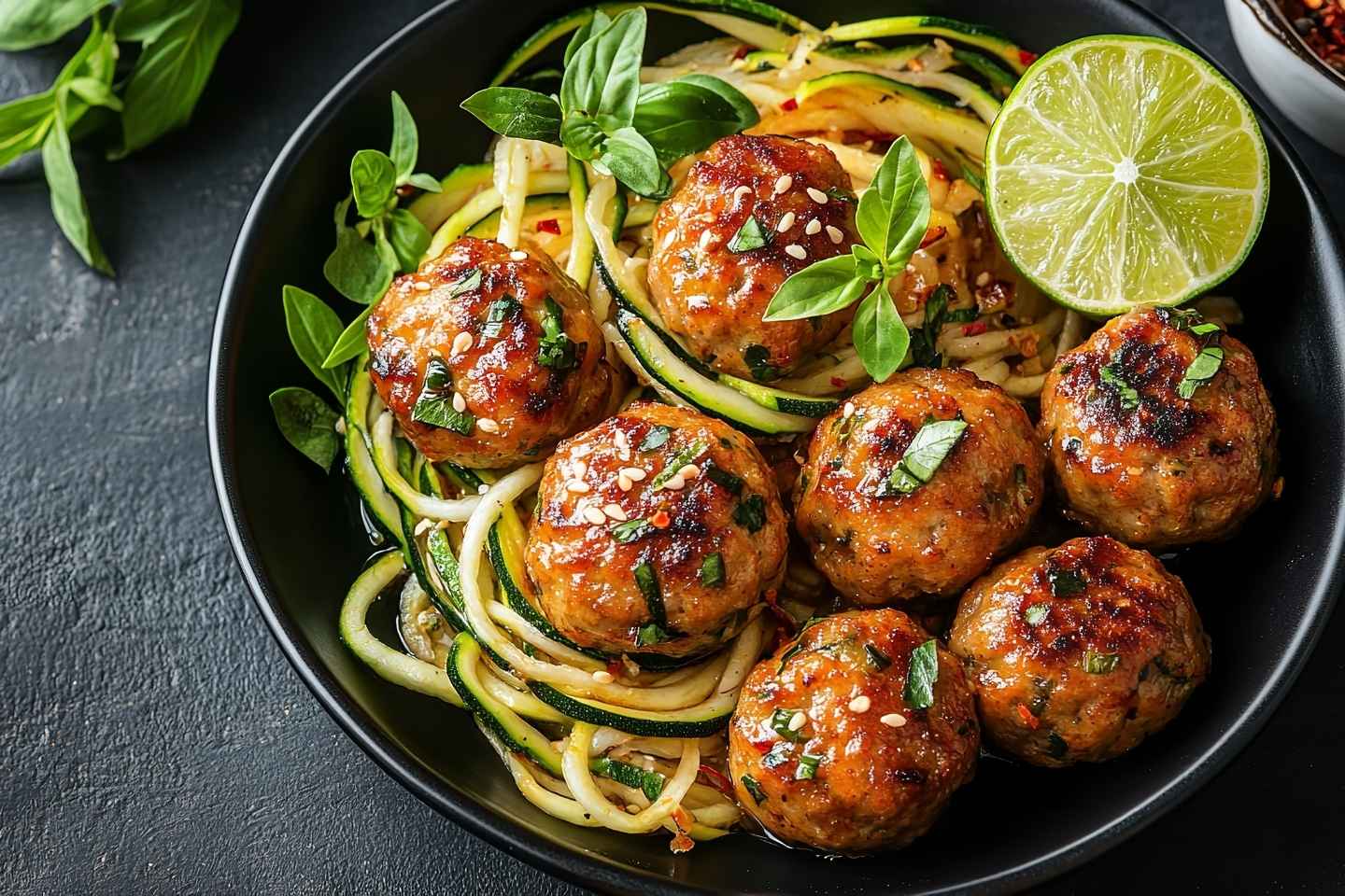 Slika mesnih okruglica s rezancima od tikvica i umakom od rajčice, okružene svježim sastojcima na crnoj pozadini.