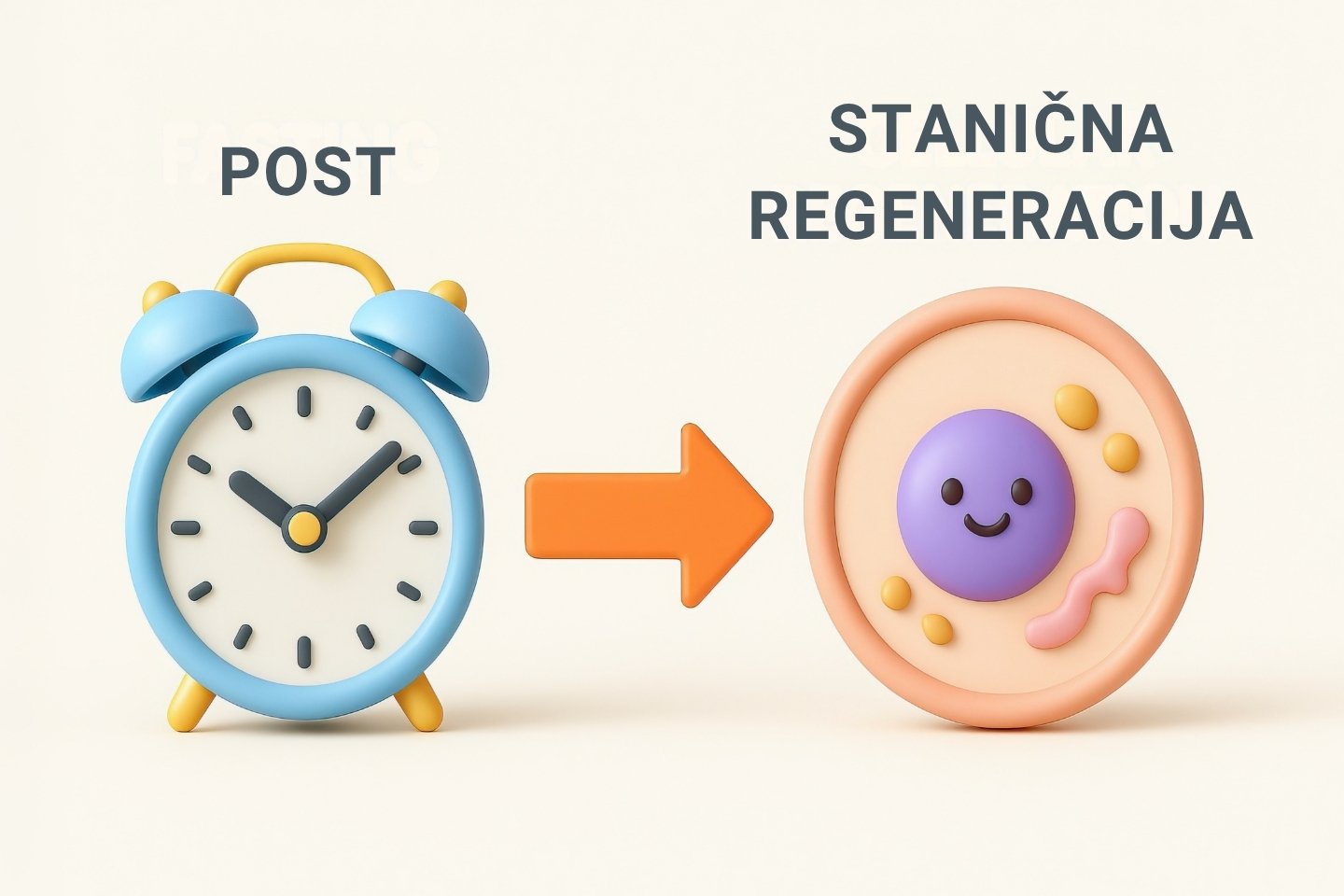 Prikaz koncepta posta s budilicom i simbolom stanične regeneracije s ilustracijom nasmijane stanice koja prikazuje zdravstvene prednosti povremenog posta.