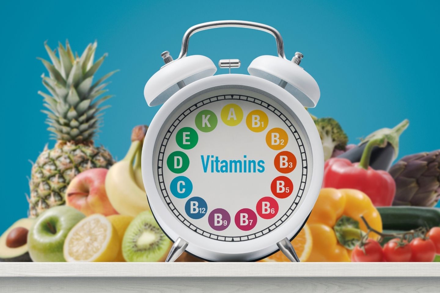Slika budilice s popisom vitamina i svježim voćem i povrćem u pozadini.